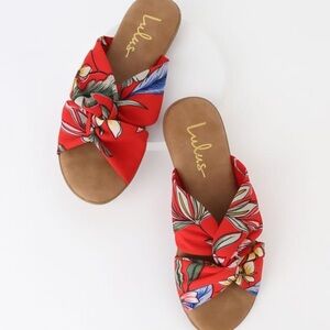 Lulu's Red Floral Twist Knot Slide Sandals
